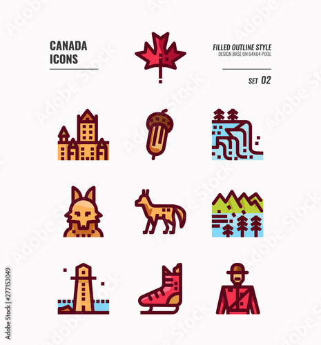 Canada icon set 2. Include Canada landmark, Maple leaf, landscape, red fox and more. Filled Outline icons Design. vector