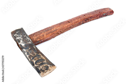 Old axe isolated on white background. Classic old ax with wood handle isolated