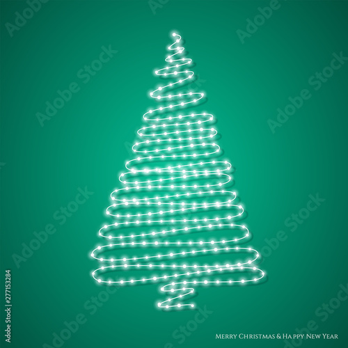 Christmas tree made of glowing lights isolated on green background. White Christmas tree as a New Year celebration symbol. Abstract vector illustration.