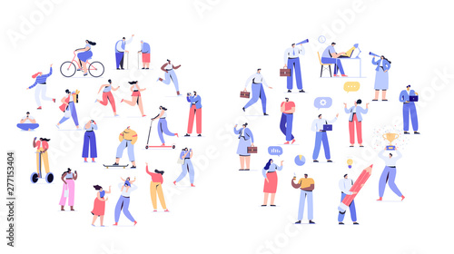 Crowd of people arranged in circle shape. Men and women kit. Different walking and running people. Outdoor. Business people.  Flat vector characters isolated on white background. 