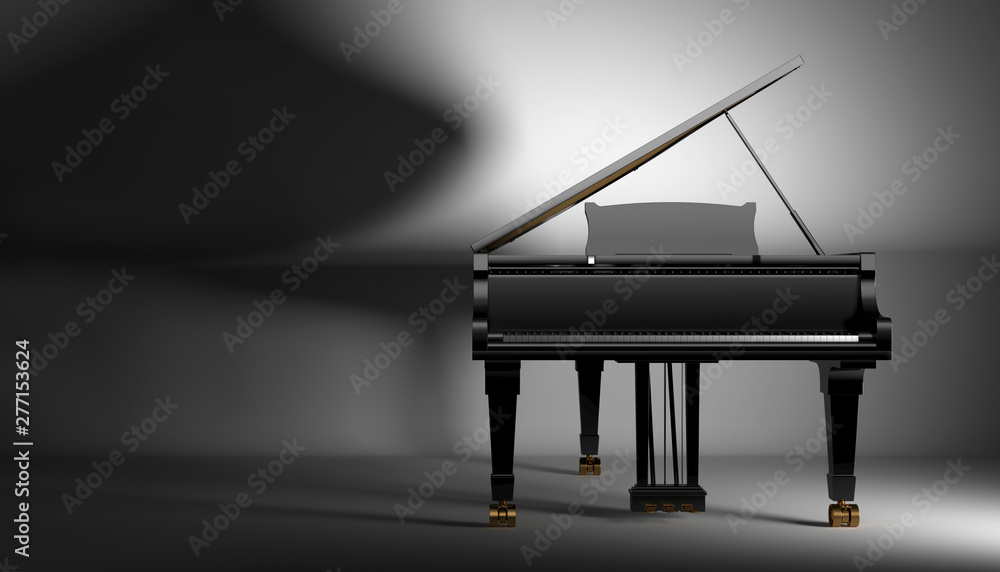 Fototapeta black gard piano on a dark background, 3d illustration