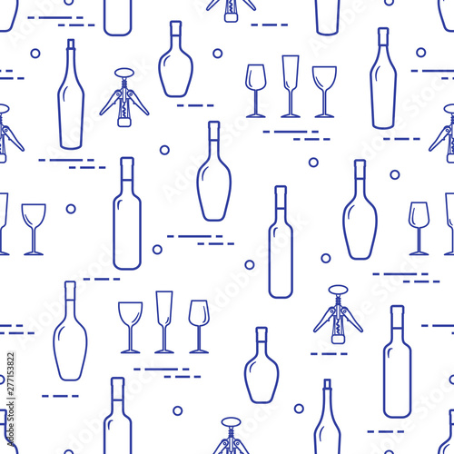 Pattern of wine glasses, bottles, corkscrew.