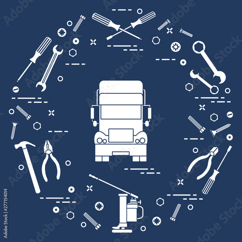 Repair cars: truck, wrenches, screws, key, pliers, jack, hammer, screwdriver.