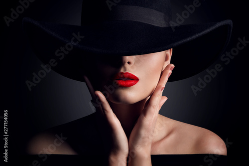 Woman Hat and Lips, Elegant Fashion Model Retro Beauty Portrait in Black photo