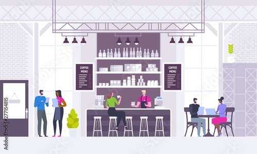 Modern workplace interior. Cafe in loft style. People in creative office co-working center