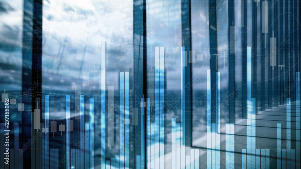 Stock Market Graph and Bar Candlestick Chart on futuristic city background. Stock Market Graph and Bar Candlestick Chart on futuristic city background.