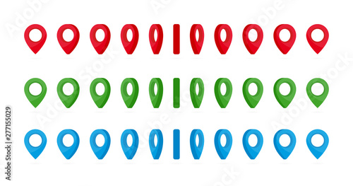Vertical rotation of different colors location marks. Set of realistic 3d location point sprites for animation frames. Use in game development, mobile games or motion graphic.