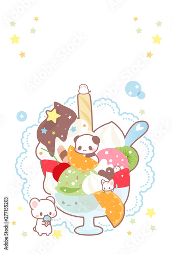 暑中見舞い・アイスパフェデザート・かわいいパンダ・猫・シマエナガ・しろくまのイラスト