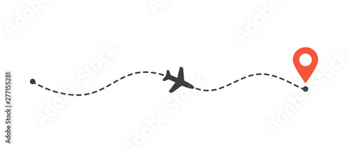 Airplane flight path to location mark. Plane route line. Tourism and travel illustration