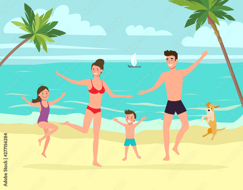 Mother and father with children and dog  jumps. Tropical landscape with palm trees, ocean.Vector flat style illustration