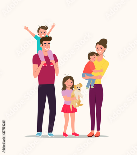 Mother and father with children and dog. Happy family isolated.Vector flat style illustration