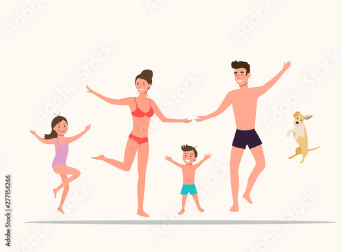 Mother and father with children and dog  jumps. Happy family isolated.Vector flat style illustration