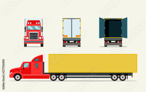 Big truck with trailer. Front, side behind view and open door truck. Vector flat illustration