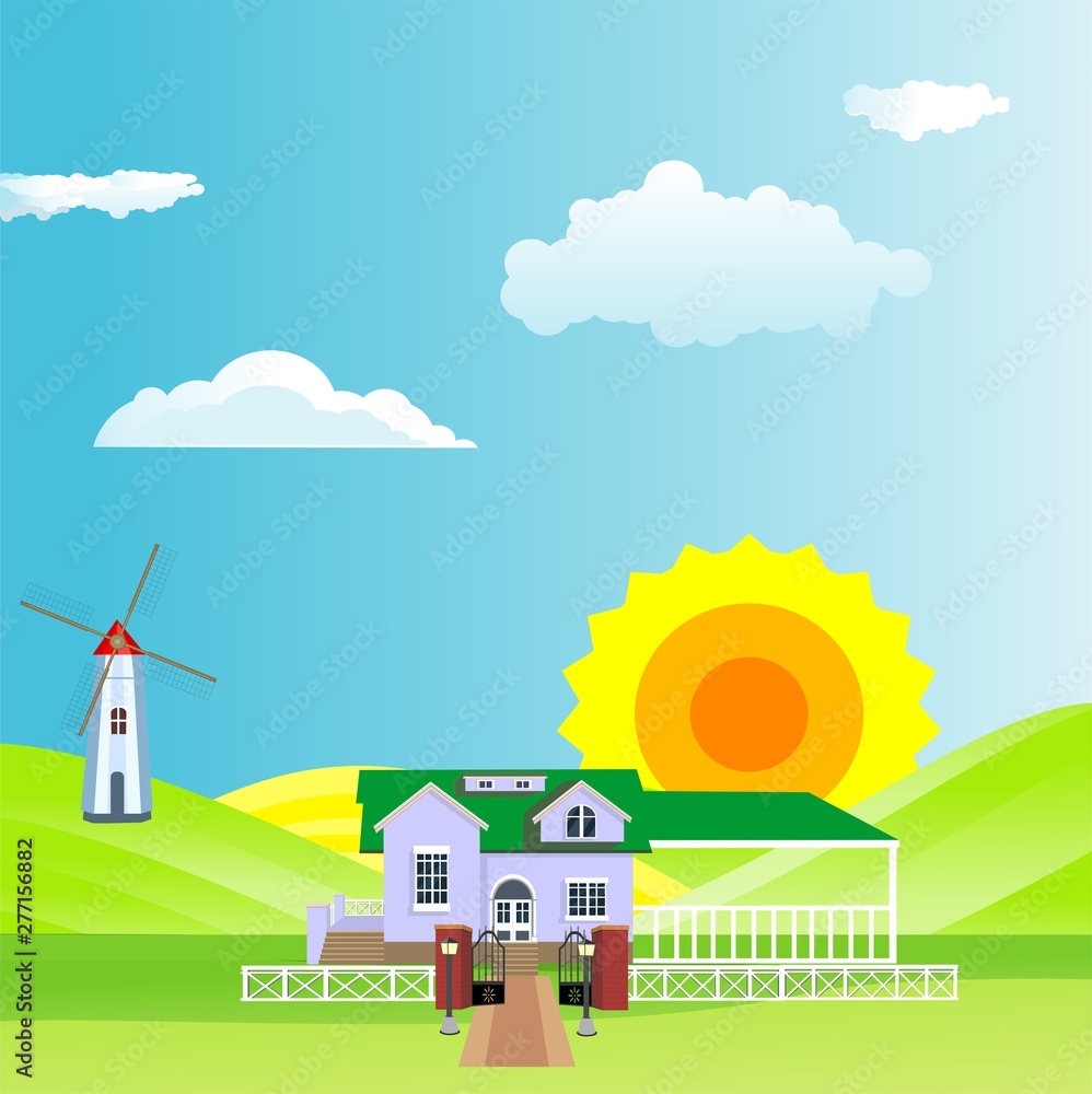 Flat illustration of Countryside view, farm village in summer Landscape vector. Sun and sun rays