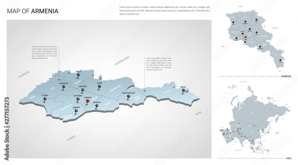Vector set of Armenia country.  Isometric 3d map, Armenia map, Asia map - with region, state names and city names.