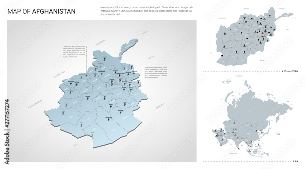 Vector set of Afghanistan country.  Isometric 3d map, Afghanistan map, Asia map - with region, state names and city names.