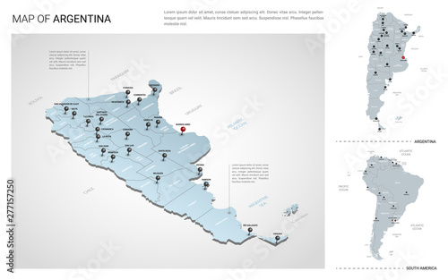 Vector set of Argentina country.  Isometric 3d map, Argentina map, South America map - with region, state names and city names. Fonts : Myriad Pro, Roboto