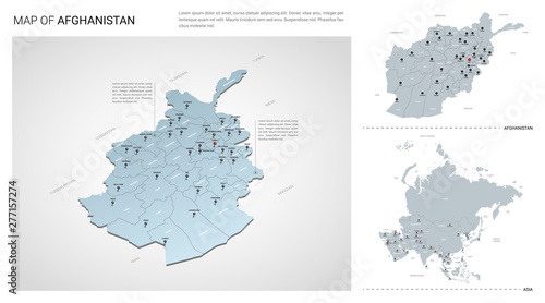 Vector set of Afghanistan country.  Isometric 3d map  Afghanistan map  Asia map - with region  state names and city names.