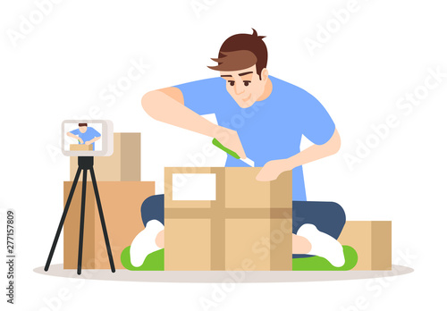 Online parcel unpacking flat vector illustration. Influencer unboxing purchase isolated cartoon character on white background. Blogger, vlogger streaming. Shopping blog. Video product review concept