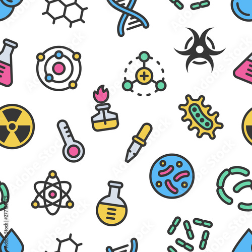 Chemistry science details colorful vector seamless pattern with outline. Pharmacy and chemistry, education and science laboratory elements and equipment © primulakat