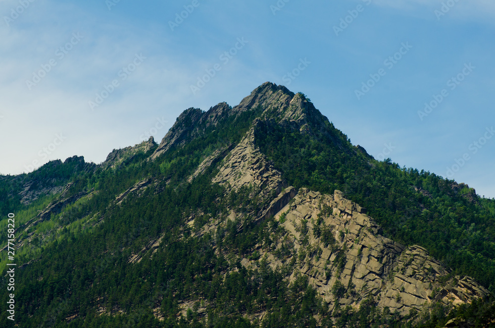 Rocky fantastic beautiful mountain peak with pine forest at the foot