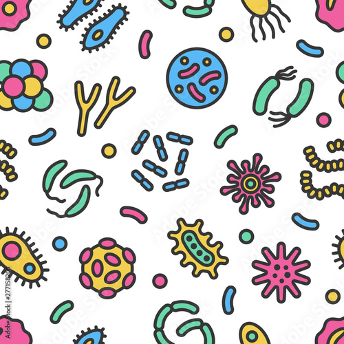 Bacteria, microbe, virus colorful vector seamless pattern with outline. Microscopic bacterium and bacillus collection, isolated on white background