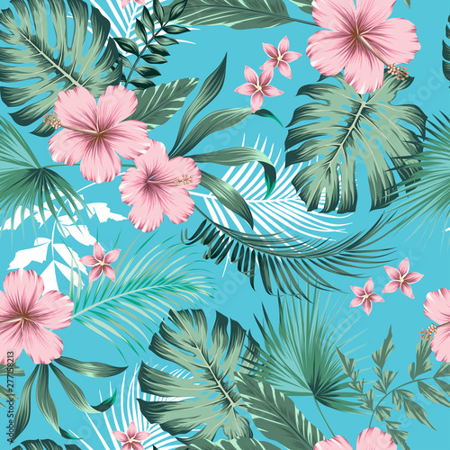 vector seamless botanical tropical pattern with flowers. Lush foliage floral design with monstera leaves, areca palm leaves, fan palm, hibiscus flower, frangipani flower. Modern allover background.