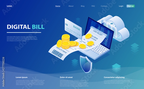 Digital bill and online bank, laptop with check tape. Online bill payment. Laptop, paper receipt check, stack of coins. Online check payment.