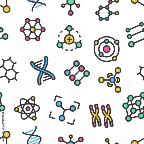 Atoms, molecules, dna, chromosomes colorful vector seamless pattern with outline. Pharmacy and chemistry, education and science elements and equipment