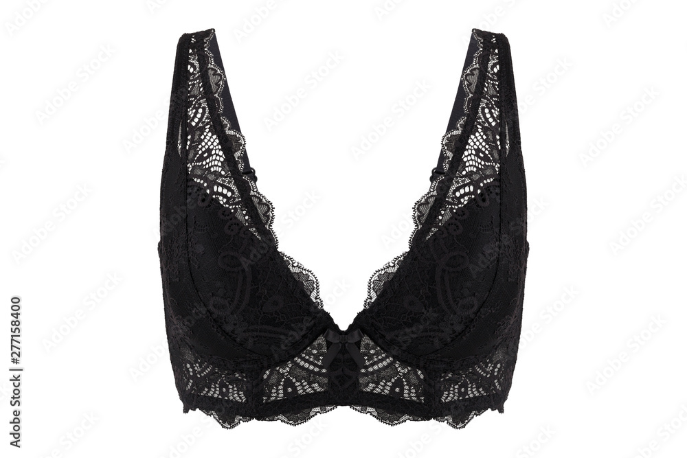 Obraz premium Beautiful lace black bra, isolated on white background