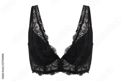 Beautiful lace black bra, isolated on white background