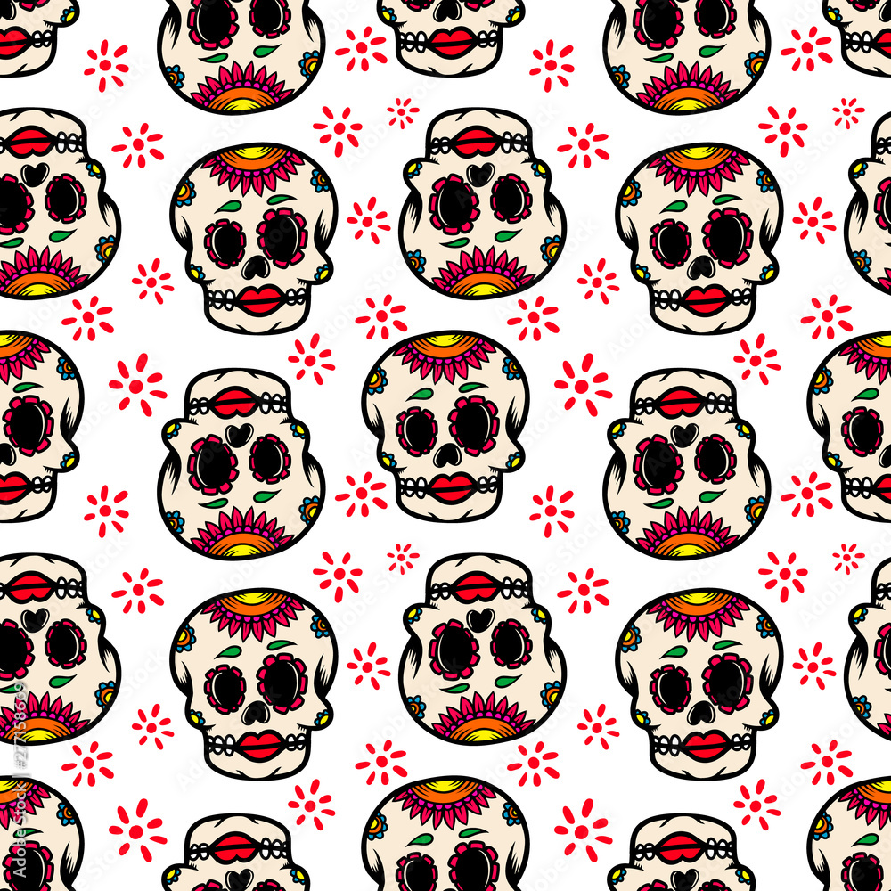 Seamless pattern with mexican sugar skulls. Design element for poster, card, flyer, banner. Vector illustration Seamless pattern with mexican sugar skulls. Design element for poster, card, flyer, banner. Vector illustration
