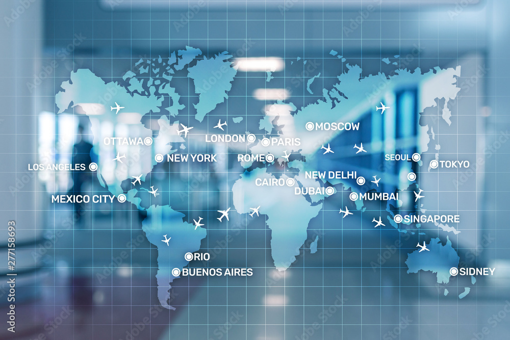 Aviation wallpaper with planes over the map with major city names. Digital map with planes around the world concept. Aviation wallpaper with planes over the map with major city names. Digital map with planes around the world concept.