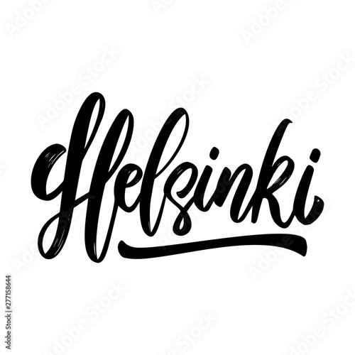 Helsinki (capital of Finland). Lettering phrase on white background. Design element for poster, banner, t shirt, emblem. Vector illustration