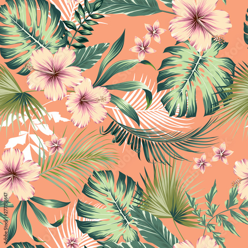 vector seamless botanical tropical pattern with flowers. Lush foliage floral design with monstera leaves  areca palm leaves  fan palm  hibiscus flower  frangipani flower. Modern allover background.