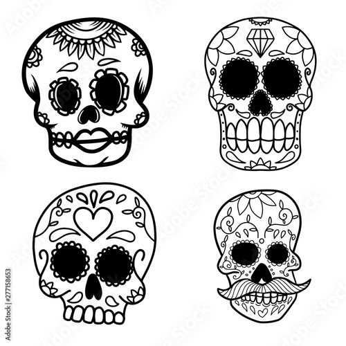Set of hand drawn mexican sugar skull isolated on white background. Design element for poster, card, banner, t shirt, emblem, sign. Vector illustration