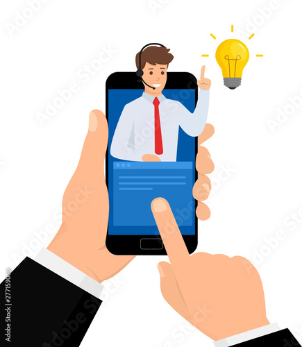 Concept customer and operator. Man hotline operator advises client with smartphone. Online support 24-7. Vector illustration design. EPS 10.