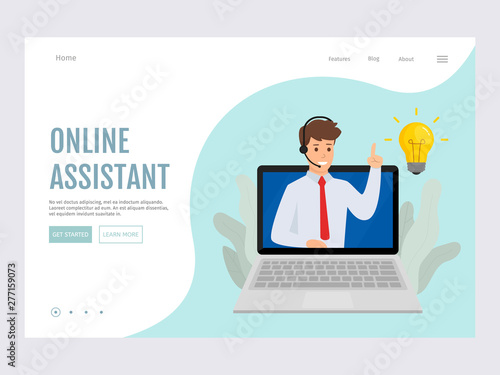 Hotline operator advises client. Customer service. Online support 24-7. Landing page template. Vector illustration. Eps 10.