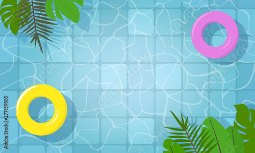 Summer swimming pool. Yellow and Pink swimming rings on water and palm leaves. Vector illustration background.