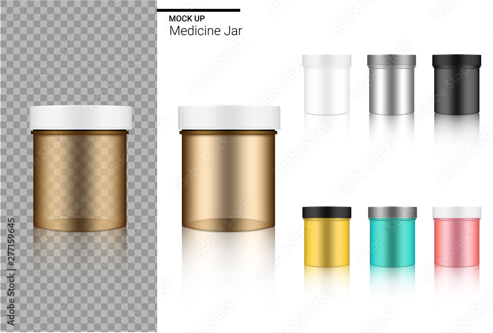 Mock up Realistic Medicine Jar or Cosmetic Set Template with black, Transparent Amber, Silver, Rose gold, Blue and Yellow Colour on White Background Illustration Mock up Realistic Medicine Jar or Cosmetic Set Template with black, Transparent Amber, Silver, Rose gold, Blue and Yellow Colour on White Background Illustration