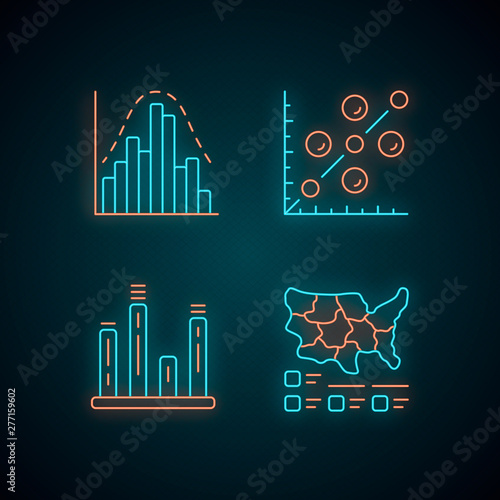 Diagrams neon light icons set. Histogram, bar graph, scatter plot, cartogram. Statistics data visualization. Comparisons among discrete categories. Glowing signs. Vector isolated illustrations