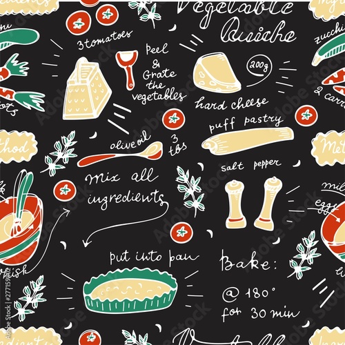 Colorful vegetable quiche recipe card seamless pattern