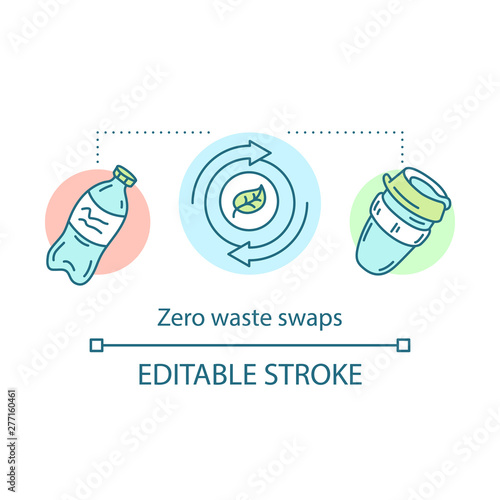 Zero waste swaps and products, eco, friendly lifestyle concept icon. Waste management, care for environment idea thin line illustration. Vector isolated outline drawing. Editable stroke