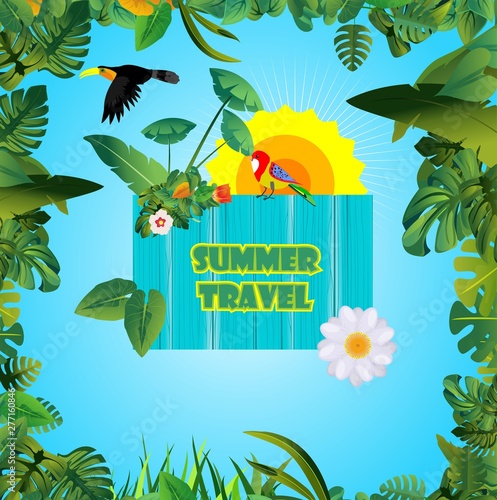 Summer Time Holiday and travel illustration with toucano on jungle wood background. Tropical floral frame with night sky. Design template photo