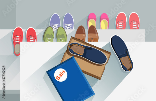 Shoe moccasin in box on a shelf. Sneaker sport. Shoe athletic. Fashion footwear. Concept vector red, green, lilac, brown footgear top view on a shelfs in flat style on light gray blue background