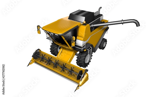 industrial 3D illustration of big modern orange rural agricultural combine harvester with harvest pipe detached top front view isolated on white