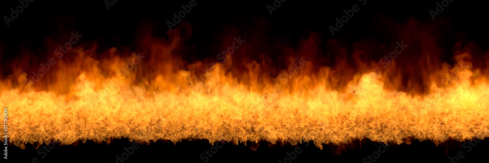 Line of fire at bottom - fire 3D illustration of fantasy burning wild fire, sylized frame isolated on black background