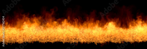 Line of fire at bottom - fire 3D illustration of fantasy burning wild fire, sylized frame isolated on black background