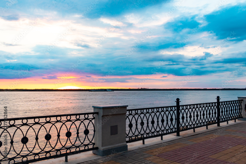 Sunset on the Amur river embankment in Khabarovsk, Russia.