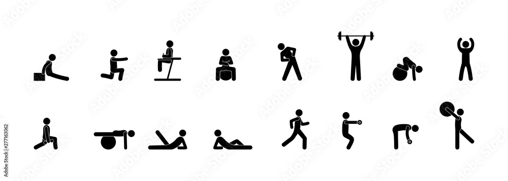 icons of people in the gym, fitness, yoga and strength exercises, set of silhouette isolated on white background, sports equipment and man illustration
